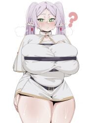 1girls alternate_breast_size breasts elf elf_ears elf_female female frieren green_eyes hi_res hips huge_breasts jourjii light-skinned_female light_skin long_ears long_hair pointy_ears sousou_no_frieren sweat sweaty_body thick_thighs thighs tight_clothing twintails white_hair wide_hips