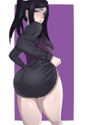 ass bare_legs big_ass black_hair blue_eyes blushing clothing ergo_proxy eyeshadow female large_ass looking_back makeup pulling_clothing re-l_mayer solo standing tagme thick_thighs thighs