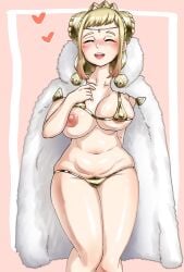 1girls alternate_costume areola_slip areolae bangs bare_arms bare_legs bare_midriff bikini blonde_hair blush breast_slip breasts breasts_out cape cloak closed_eyes coat double_bun facing_viewer female female_only female_pubic_hair fire_emblem fire_emblem_heroes flashing flashing_breasts fur_cloak fur_coat gold_bikini gold_swimsuit gradient_hair hair_bun hand_on_own_chest happy heart henriette_(fire_emblem) highres large_breasts legs mature mature_female midriff multicolored_hair nintendo nipples one_breast_out open_mouth pink_background pink_hair plump ponimeko pubic_hair pubic_hair_peek queen revealing_clothes royalty short_bangs short_hair sideboob sidelocks skindentation smile solo swept_bangs swimsuit underboob yellow_bikini yellow_hair yellow_swimsuit