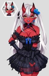 1girls akumi big_breasts female female_only gradient_horns horns oni oni_female oni_horns red_horns red_skin scars solo virtual_youtuber vyugen white_hair yellow_eyes