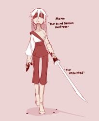 barefoot blind blindfold blindfolded blood breast breast_out female holding_object holding_weapon long_hair momo_(nekuzx) nekuzx robe walking white_hair