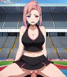 1boy 1girls ai_generated anime cheerleader cheerleader_outfit cowgirl_position female human kaguya-sama_wa_kokurasetai_~tensai-tachi_no_renai_zunousen~ koyasu_tsubame large_breasts male pink_eyes pink_hair ranwai sex stable_diffusion vaginal_penetration vaginal_sex