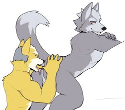 2024 2boys anal anthro anthro_on_anthro ass bent_over big_muscles bodily_fluids butt_grab canid canine canis claws collar duo eyebrows fox fox_mccloud fur gay hair hand_on_butt headgear hi_res jrjresq looking_back male male/male mammal muscular muscular_anthro muscular_male narrowed_eyes nintendo nude open_mouth oral perineum rimming saliva saliva_on_anus saliva_string sex simple_background smile star_fox tongue tongue_out tuft white_background wolf wolf_o'donnell