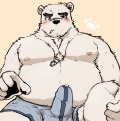 2021 anthro belly blush bodily_fluids bulge cigarette clothed clothing erection erection_under_clothing fur furry genital_fluids genital_outline hagom humanoid_hands kemono male mammal moobs nipples overweight overweight_male penis_outline polar_bear precum smoking solo ursid ursine white_body white_fur