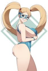 1girls ass big_ass big_breasts blonde_hair breasts commission commissioner_upload competition_swimsuit female high_resolution highres hips huge_ass huge_breasts kdtwifi looking_at_viewer rainbow_mika sideboob simple_background solo_female street_fighter swimsuit swimsuit_pull thick_thighs thighs white_skin