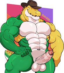 1boy abs absurd_res alligator alligatorid anthro balls barazoku biceps big_muscles big_penis candy clothing cowboy_hat crocodilian darknaigart dessert digital_media_(artwork) erection food food_creature genitals glitch_productions green_body gummigoo_(the_amazing_digital_circus) gummy_(food) gummy_creature hat headgear headwear hi_res humanoid_genitalia humanoid_penis living_candy looking_at_viewer male male_only muscular muscular_anthro muscular_male nude pecs penis reptile scalie simple_background solo tail the_amazing_digital_circus