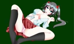 black_hair black_socks blue_eyes blush bow breasts check_character ell182a_(masa_works_design) female green_background hairbow kneehighs looking_at_viewer masa_works_design no_shoes open_clothes open_shirt original original_character panties pink_panties red_bow red_skirt shirt simple_background skirt socks spread_legs tagme twintails