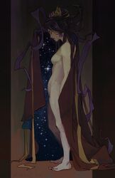 1girls artistic artistic_nude breasts casual dianaii female female_only fine_art_parody hades_(game) jewelry night_sky nipples nude_female nyx_(hades) outerwear pale_skin purple_lipstick stars