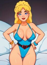 1girls ai_generated belt big_breasts blonde_hair blue_eyes cameltoe erect_nipples_under_clothes female female_only hands_on_hips king_of_the_hill leotard luanne_platter solo strapless_leotard thick_thighs unknown_artist wide_hips