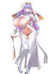 1girl asanagi breasts cleavage cleavage_cutout cross crotch_cutout female_only habit heels highres huge_breasts light_skin long_sleeves looking_at_viewer nun nun's_habit open_mouth original panties pelvic_curtain pelvic_curtain_lift pink_hair purple_hair revealing_clothes smile solo standing two_tone_hair underwear yellow_eyes