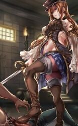 bar_censor bootjob boots brown_boots censored clothed_female_nude_male cum cum_on_self cumshot domination ejaculation erection female femdom footjob granblue_fantasy hat high_heel_boots high_heels lecia_(granblue_fantasy) long_hair male malesub midriff navel penis shoejob skirt standing_footjob sword thigh_boots thigh_high_boots toned toned_female weapon