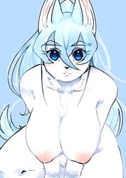 1girls anthro blue_background blue_hair furry lagomorph large_breasts looking_at_viewer nude sirn solo white_body