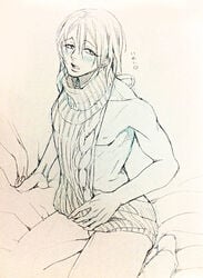 1boy all_out!! ambush_(trap) blush bottomless crossdressing femboy looking_away male_only nipple_slip on_bed on_knees open_mouth partially_clothed shy solo_male sumiaki_iwashimizu sweater toned toned_male trap virgin_killer_sweater