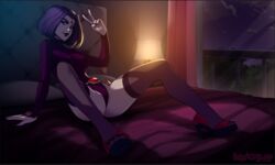 black_lipstick dc high_heels hizzacked inviting laying_on_bed looking_at_viewer night partially_visible_vulva purple_hair raven_(dc) romantic straight_hair superheroine tagme teen_titans thighhighs v waiting