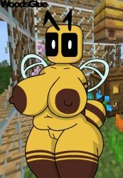 1girls areola areolae bee_(minecraft) big_breasts blush minecraft pussy slightly_chubby thick_thighs woodsglue