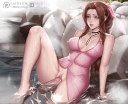 1boy 1girls aerith_gainsborough animated brown_hair cum cum_in_pussy cum_inside cum_on_body disembodied_penis dress final_fantasy final_fantasy_vii green_eyes large_penis long_hair longer_than_30_seconds milkychu no_bra no_panties nude onsen partially_submerged penis pussy sex shiny_skin sound spread_legs sweat tagme vaginal_penetration video water