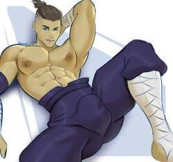 1boy abs armpit armpits artist_name blue_eyes brown_hair clothed gasaiv human male male_nipples male_only muscles muscular_male no_visible_genitalia nsfw one_eye_closed pecs penis_bulge ponytail smooth_skinned_male sokka solo tongue tongue_out topless_male yaoi