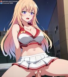 ai_generated anime blonde_hair bondage cheerleader cheerleader_uniform classroom_of_the_elite cowgirl_position ichinose_honami_(cote) large_breasts purple_eyes ranwai sex stable_diffusion youkoso_jitsuryoku_shijou_shugi_no_kyoushitsu_e