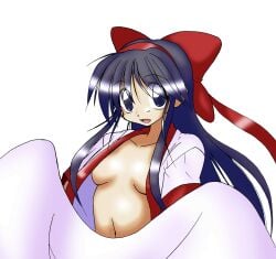 1girls ainu_clothes blue_eyes blue_hair breasts cleavage hair_ribbon highres king_of_fighters long_hair looking_at_viewer medium_breasts nakoruru navel no_bra open_clothes open_mouth ribbon samurai_shodown smile snk solo