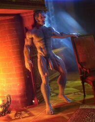 1boy 3d abs barefoot beard body_hair dilf emiel_regis_rohellec_terzieff-godefroy erection fireplace male_focus male_only muscular nude penis silver_hair solo studiosellsword_(artist) the_witcher_(series) the_witcher_3:_wild_hunt