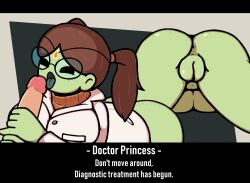 1boy 1girls 2022 adventure_time ass bottomless brown_hair doctor_princess english_text female female_focus freckles glasses green_skin handjob labcoat male multiple_views nemusothoth open_mouth partial_male penis pussy solo_focus straight sweater text tongue tongue_out twintails underboob