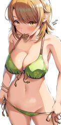 1girls bare_shoulders belko bikini bikini_bottom bikini_bottom_pull bikini_top breasts brown_hair eyebrows eyebrows_visible_through_hair female female_only green_bikini high_resolution highres hips isshiki_iroha light-skinned_female light_skin looking_at_viewer my_teen_romantic_comedy_snafu navel short_hair simple_background solo thighs waist white_background