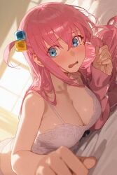 ahoge ai_generated blue_eyes blush bocchi_the_rock! cleavage cube_hair_ornament curvy eye_contact female female_only gotou_hitori huele_a_sexo jacket large_breasts looking_at_viewer on_bed pink_hair quieresexo shy tetas tetas_grandes wavy_mouth