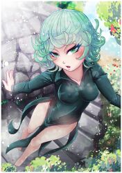 1girls absurd_res barefoot breasts covered_navel covered_nipples dress erect_nipples feet from_above gensox green_eyes green_hair hi_res long_sleeves looking_at_viewer matching_hair/eyes one-punch_man outdoors parted_lips patreon_username short_hair small_breasts solo standing tatsumaki variant_set