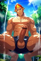 ai_generated akai_suzaku aonoshishi balls bara big_balls big_penis erection idolmaster idolmaster_side-m looking_at_viewer looking_down looking_down_at_viewer low-angle_view male male_nipples male_only muscular muscular_male nipples penis solo wet