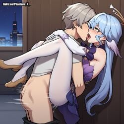 1boy 1girls ai_generated blue_hair caelus_(honkai:_star_rail) clothed_sex female green_eyes grey_hair honkai:_star_rail kissing leg_lock male open_mouth phantom-art robin_(honkai:_star_rail) saliva sex standing tongue