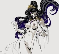 almost_naked black_hair cape hades_(game) naked navel nipples nude nyx_(hades) pale_skin partially_clothed partially_nude pubic_hair sula_(artist) tagme wide_hips