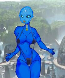 1girls bikini biomechanical bionicle blue_body blue_skin collar cyan_eyes cyborg cyborg_girl female golden_chains mask masked_female matoran_text_(bionicle) nokama robot_girl solo toa