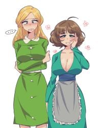 ... 2girls ahoge apron artist_request big_breasts blonde_hair blue_dress blue_eyes blush blush_lines blushing breast_rest breast_size_difference breasts brown_hair button_down button_dress cleavage clothed collar embarrassed flower flowers fluffy_hair folded_arms green_dress grey_apron hand_to_face hand_to_own_face height_difference helen_tweak large_breasts laura_tucker long_dress looking_at_viewer mature_female medium_dress medium_hair mother mrs._tweak multiple_girls nature short_hair shoulder_length_hair sidelocks smile smiling smiling_at_viewer south_park speech_bubble spoken_ellipsis text_bubble white_background