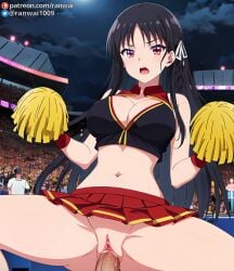 ai_generated anime black_hair cheerleader cheerleader_outfit classroom_of_the_elite cowgirl_position horikita_suzune large_breasts ranwai red_hair sex stable_diffusion vaginal_penetration vaginal_sex youkoso_jitsuryoku_shijou_shugi_no_kyoushitsu_e