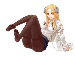 blonde_hair bolts cleavage female female_only franken_fran full_body glasgow_smile justeeeeth labcoat long_hair madaraki_fran medium_breasts open_jacket orange_eyes pantyhose smile solo stitches straight_hair wide_hips zombie_girl