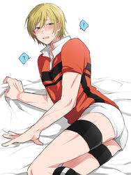 1boy all_out!! blonde_hair blush clothed confused embarrassed facing_away femboy garter kneehighs laying_on_bed leg_bang looking_back male_only on_bed on_side open_mouth rugby_uniform sheet_grab short_shorts shorts solo_male sumiaki_iwashimizu toned toned_male trap