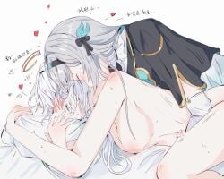 2girls black_hat black_jacket closed_eyes clothed_female_nude_female collared_shirt detached_sleeves firefly_(honkai:_star_rail) grey_hair hair_ornament hat head_wings heart highres honkai:_star_rail honkai_(series) implied_fingering jacket kissing kissing_neck long_hair long_sleeves multiple_girls nude on_bed pillow qingsi robin_(honkai:_star_rail) sex shirt simple_background white_background white_shirt white_wings wings yuri