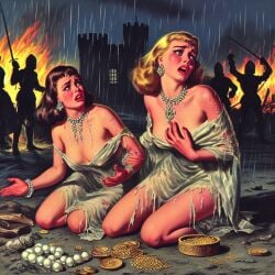 2girls ai_generated bare_shoulders bare_thighs blonde_hair_female brown_hair_female burning_building captured_girl dall-e3 defeated dress_pulled_down enslaved_royal femsub historical history imminent_rape jewelry kneeling_on_ground light-skinned_female light_skin medieval_clothing medieval_history multiple_boys night outdoors rain raining sad scared slave_raid soldiers spoils_of_war tagme torn_dress treasure wet_clothes wet_clothing white_dress