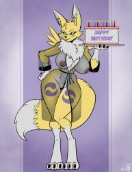 bandai_namco birthday_cake blue_eyes cake dessert digimon digimon_(species) digital_media_(artwork) female food genitals gradient_background hi_res nightgown nipples nude pussy renamon simple_background stogiegoatarts yellow_body