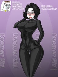 1girls big_boobs black_hair bodysuit doomer_girl eyeshadow female fetish latex latex_bodysuit lipstick meme nana_gel purple_background wojak_comics