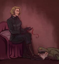 boot_licking crossover dominant_female fear_and_hunger fear_and_hunger:_termina femdom frau_engel nazi pav_(fear_and_hunger) saliva_trail sitting_on_chair soldier_uniform submissive_male uniform wolfenstein