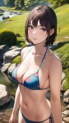 1girls ai_generated ai_mirror belly_button bikini blue_bikini blush brown_hair bushes forest grass grey_eyes looking_at_viewer medium_breasts river riverside rock short_hair standing trees water white_skin