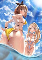 2girls ass atelier_(series) atelier_ryza beach belly belly_button big_butt bikini bikini_pull blonde_hair blush brown_hair cleavage dat_ass earrings female_only hair_ornament horny klaudia_valentz long_hair looking_at_viewer looking_back meri-san navel navel_cutout necklace one-piece_swimsuit only_female reisalin_stout short_hair sideboob swimsuit tagme thick_thighs thighhighs thighs underboob water yellow_eyes