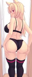 ass ass_focus ass_support black_bra black_panties black_thighhighs blonde_hair blush bra breasts cat_ears catgirl feet_out_of_frame female highres large_breasts long_hair looking_at_viewer looking_back nottytiffy original panties parted_lips patreon_username red_eyes smile solo standing tagme thighhighs thighs tiffy tiffynyaa