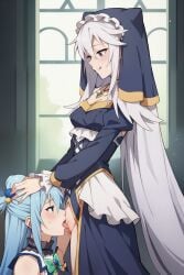 2girls ai_generated aqua_(konosuba) blue_eyes blue_hair breasts cunnilingus dress eris_(konosuba) female female_only hand_on_head kirill782 kono_subarashii_sekai_ni_shukufuku_wo! long_hair medium_breasts multiple_girls pussy pussy_juice stable_diffusion very_long_hair yuri