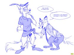 anthro balls big_balls bottomless bottomwear canid canine clothed clothing clothing_lift disney duo fox genitals hi_res ksejl male male/male male_only mammal nick_wilde robin_hood simple_background skirt skirt_lift white_background zootopia