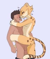 akino_(kemokin_mania) anthro blush bodily_fluids cheetah duo felid feline female genitals haaru heart_symbol hi_res human human_on_anthro interspecies kemokin_mania kouda_(kemokin_mania) leg_wrap male male/female male_on_anthro mammal nude penetration penis purring sex simple_background standing standing_sex sweat sweatdrop vaginal_penetration vaginal_penetration