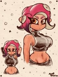 1girls abdomen agent_8_(octo_expansion) agent_8_(splatoon) bare_shoulders big_breasts black_clothing breasts cephalopod_humanoid clothed clothing crop_top dark-skinned_female female female_only hands_behind_head marodraws multiple_poses navel nintendo octoling octoling_girl orange_eyes pink_hair single_sleeve solo_female splatoon splatoon_(series) splatoon_2 splatoon_2:_octo_expansion tagme tentacle_hair wide_hips