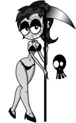 1girls bikini black_bikini black_eyeshadow burtonberg female female_only footwear grimella_reaper_(montatora-501) monster monster_girl montatora-501 omegusmaximus original_character pinup pose posing raised_eyebrow scythe shoes skeleton smile smirk solo solo_female weapon