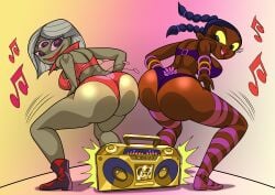 2d_(artwork) 2girls 3_eyes adult_swim alien_girl art-2u ass ass-to-ass ass_shake black_hair boombox booty_shorts brown_skin butt_touch cartoon_network clapping_ass clapping_cheeks curvy_body curvy_female dancers dat_ass exotic_dancer female female_only females gogo_dancer gold_boombox_(prevence) narc_(samurai_jack) panties rave_girl_(samurai_jack) samurai_jack shaking_ass shaking_butt smile squatting thick_ass thick_thighs twerking twintails underwear